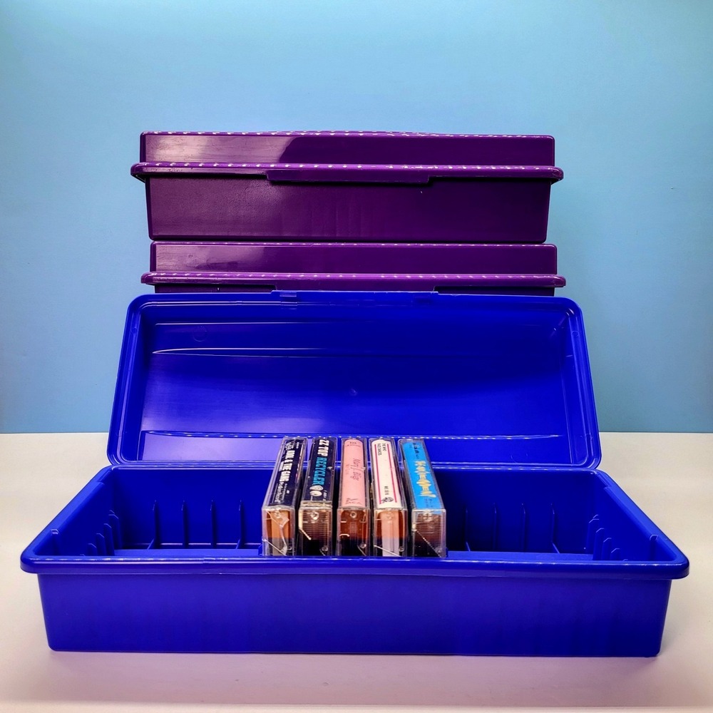 Vintage Cassette Tape Storage LOT 3 Purple & Blue Holder Case Organizer 15 Tapes